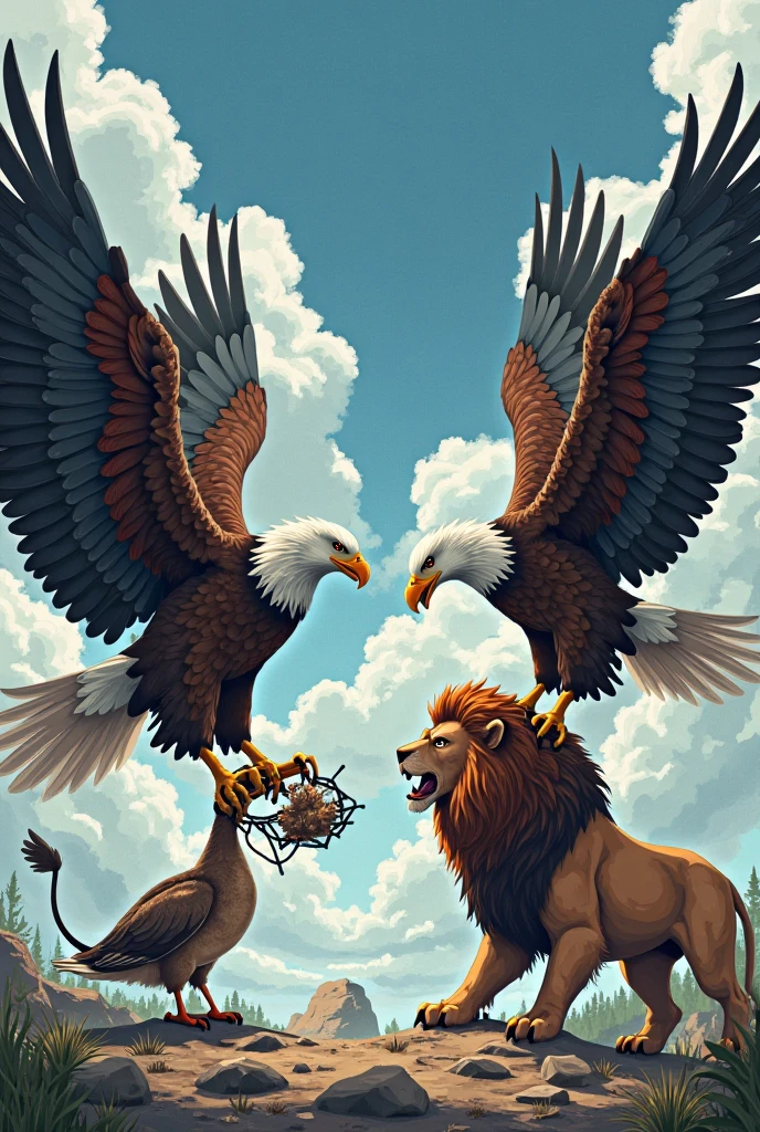 Généré une image d'un combat violant sanguinaire entre aigle royal géant, et un lion sauvage couvert de sang sur son corps, dans un désert vert.