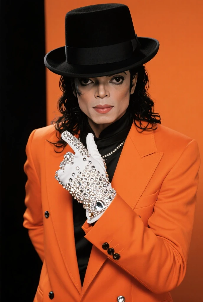 Michael Jackson, with a very beautiful face, there is no hair on his face just the skin on his face, curved eyebrows, with a hole in his chin, thin nose, half angled half oval face, long curly black hair, with a stylish golden outfit, with a golden glove on closed hand covering the nose and mouth, cinematic style