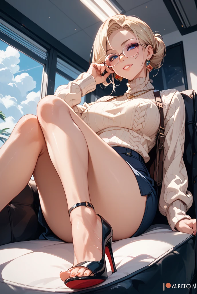 (masterpiece, best quality:1.2), solo, Android 18 from Dragon Ball, ((light gray hooded sweatshirt, Oversized hooded sweatshirt, long sleeve, black thin thigh highs, white panties)), thighs, midriff, small breasts, blonde hair, (single hair bun), ((blue eyes)), (wearing glasses), earrings on earlobes, slender feminine figure, narrow waistline, skinny body, (reading a book), cleavage, off shoulder, light blush, indoors, chill, room, hot coffee, window, organized, simple, white-based interior, a few plants, rain, cloudy sky, magnificent view, blur background, 4K, knees up, on the cute chair, (pale blue chair),
