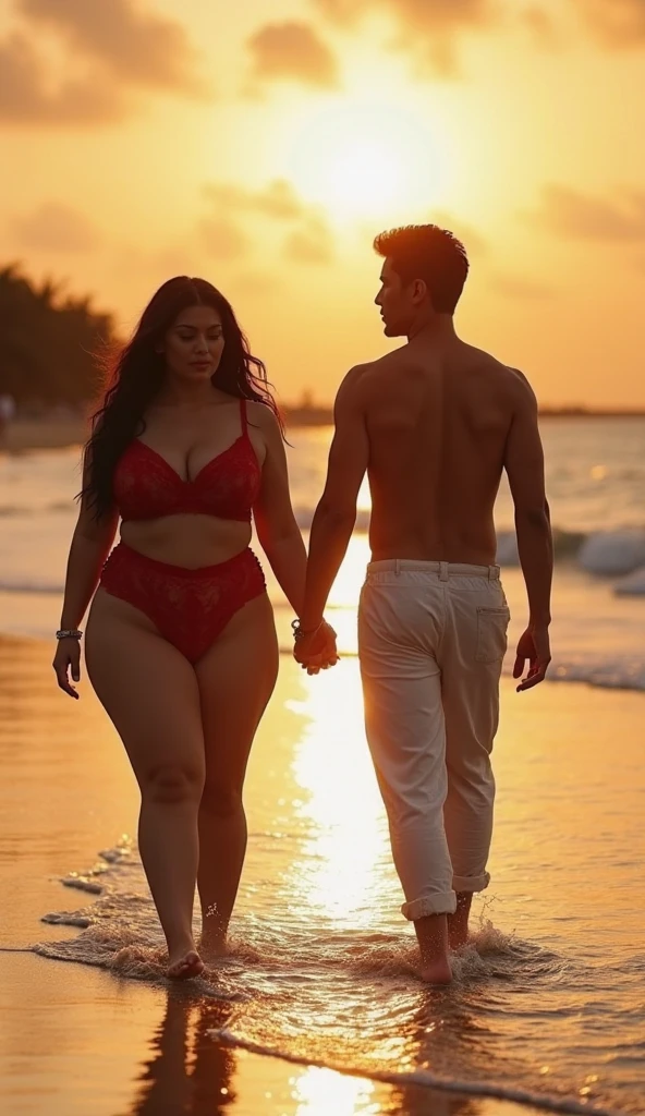Picture of a couple, sitting and embracing each other on the seaside, the woman is plump and wearing a bikini, the man is in good shape and wearing jeans and a white shirt, showing love, romance, calm sea, beautiful sunlight, quiet beach.