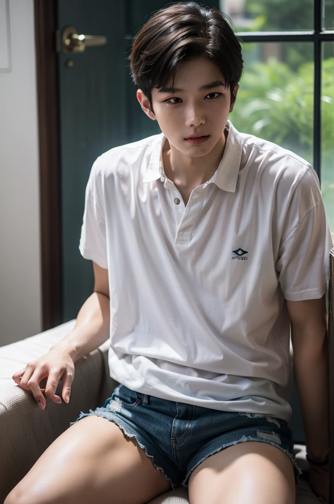 young asian man looking at camera In a white button-down shirt , Fieldside, beach, sunlight, looking at the football field