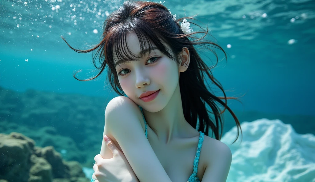 (((in water)))、(((in the deep sea)))、((whole body))、10th generation、1 woman、(((in water)))、(((best smile)))、black hair、(medium hair)、(white seashell bikini)、(bra decorated with jewelry)、(8K、highest quality、master piece:1,2)、(real、フォトreal:1.37)、SLR Camera Photography、professional photos、realな品質、super detail、Pure Eros Face_v1、(beautiful detailed eyes)、(beautiful detailed face)、perfect body、((big breasts))、Pretty Kpop Girl、(Korean Ulsan Face)、(Ulsan-6500) -V1.1:0.6)、Pretty Kpop Girl、(Korean Ulsan Face) 、(Ulsan-6500) -V1.1:0.6)、(choker)、pink lipstick、shiny hair、Depicting beautiful delicate hair、(Glossy skin)、swaying seaweed、(beautiful sea)、(((Brilliant coral reefs)))、((Beautiful tropical fish))、(crystal clear sea)、Bubble、cleavage、((swim dynamically))、((swim under the sea))、(whole bodyを使って泳ぐ)、(in waterに広がる髪)、(((in waterにt太陽の光が射す)))、(sparkling sea)、background blur、