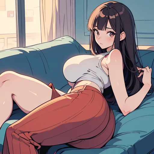 Tifa, wearing only a white shirt, raised her peach butt and lay on the sofa,The button on the chest is open,Pink bra exposed,Flat chest,plump butt,The mouth is slightly open,pose