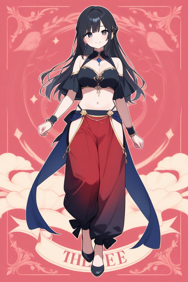 long hair, black hair, medium breast, slim legs, happy, bluish gown, cleavage, arabian belly dancer , short skirt, rin tohsaka, twin tail, navel, garden, blue eyes, tiara, standing, thigh high socks, sunlight