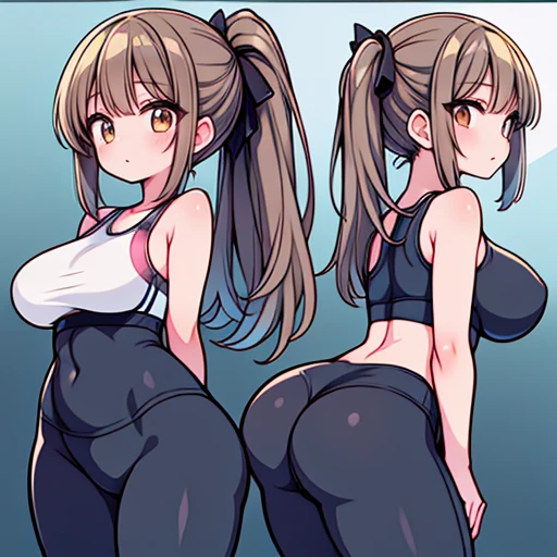 Super detailed、Highest quality、Best image quality、masterpiece、8K、(shoulder-length brown hair、Medium Long Hair)、(laugh:1.3) 、(cheerful)、(tareme)、(big eyes)、(Beautiful shining eyes)、(High Detail Anime Eyes)、(puffy eyes)、(Big Tits:1.5)、((SFW Huge Body))、(((Rear View)))、Cowboy Shot、(Thong、カルバンクラインThong)、(Two women stand side by side with their butts facing the viewer.:1.5)、(Beautiful ass)