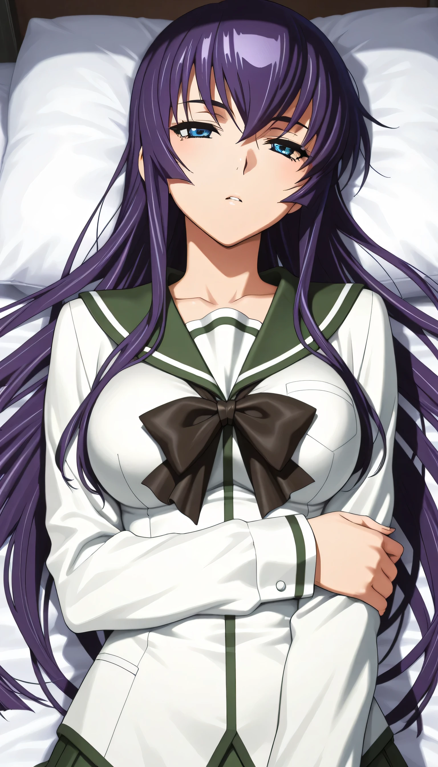 masterpiece, Detailed Model, Exquisite Piece, precise, 1 girl, Source Anime, Saeko Busujima, long hair, purple hair, blue eyes, store bryster, wearing a school uniform, sleep on the bed