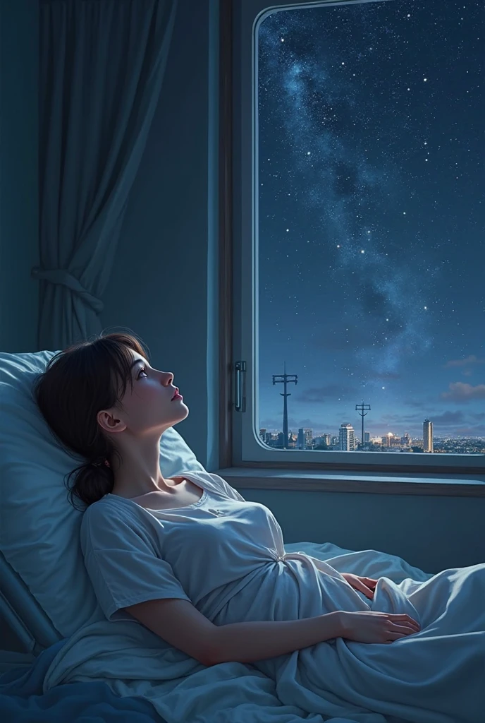(imagine em 8k Quarto com cama, computador e monitor, very beautiful to (noite) com luzes acesas e grande janela com vista para a cidade fora de vista)