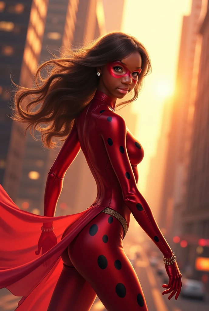 A character for the cartoon Miraculous: As Aventuras de Ladybug. She has to be black skinned, darkskin, have long curly hair and his costume is that of a dragon with a mask covering only the eyes.