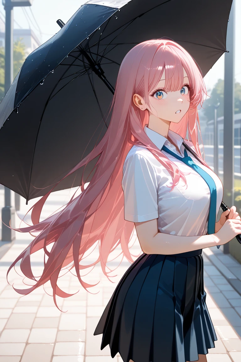 Brow deeply furrowed, expression a little worried, on the school plastic runway, school playground, official art, masterpiece, sharp focus, (beautiful gorgeous cute Korean woman: 1.3), (beautiful and cute Korean: 1.3), Korean beauty, delicate beautiful hair and eyes and face, realistic, super detailed, beautiful girl, glowing white particles, (sidelighting: 1.2), the sky is foggy, it is raining, the girl is standing under the umbrella, slender, cute big breasts and big buttocks, brows furrowed, Some anxious face, landscape, long straight hair, sexy facial expressions, dynamic hair, long straight hair, fine platinum-pink hair, glowing blue eyes, (blue pleated shirt + white skirt), white stockings, pale skin, hair accessories, ,woman is tall ,