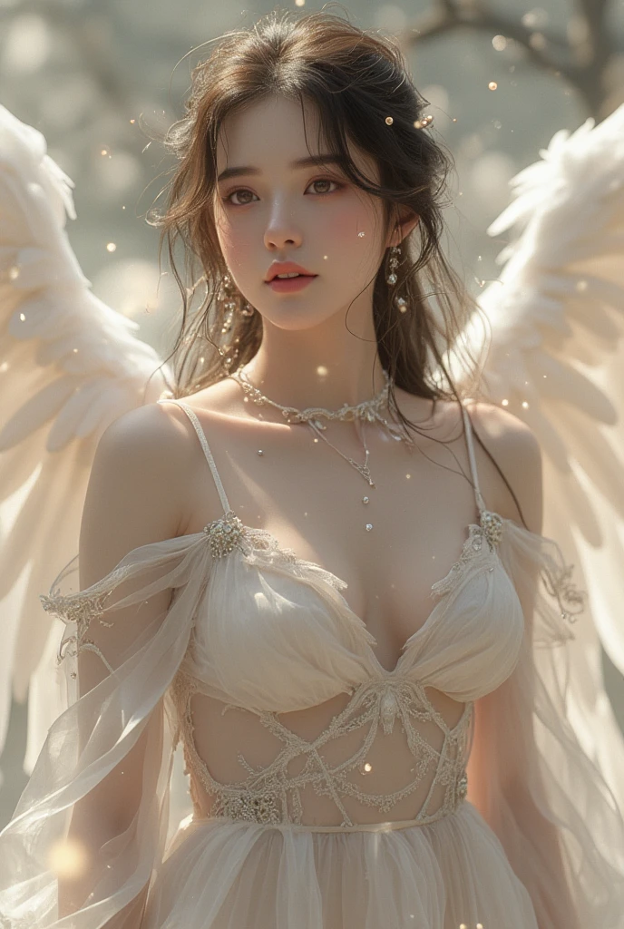Create a music video cover image, into the image, there must be an angel, a white angel with huge wings, and above it a sky with black clouds and a lot of lightning, one of the rays hits one of the wings of the falling angel