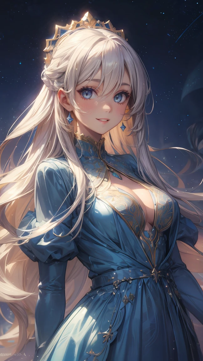 masterpiece, highest quality, 8K, High resolution, be familiar with, Beautiful woman, clear eyes, clearly drawn face, beautiful and well-shaped face, long eyelashes, Beautiful white dress with blue lace, platinum blonde soft curly hair, blue shining eyes, A castle garden filled with blue and white flowers, shiny thighs, sexy pose, perfect proportions, toned body,