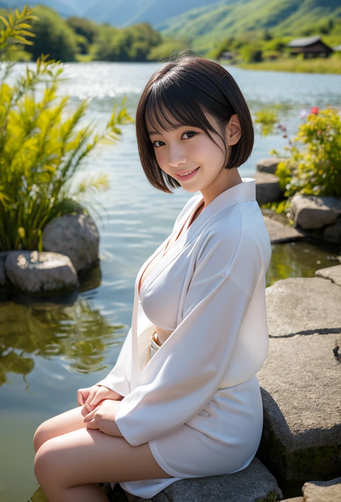 Red and white checked yukata、The chest of the yukata is open., Her big breasts are exposed on the right side.、The strip is loose、(Low length、big 、Beautiful breasts、The valley where her breasts were pressed、The body is slim、Are standing、Young and pretty girl、smile、Thin eyebrows、Eyes crisp、Aoi Yuki:1.5)、barefoot、Girl with black short hair、(Nikon D850,F-stop 1.4、Focus distance 4m、Thematic Depth: 25mm)、Fresh green bamboo forest, Streams and steppes、Angle from chest、