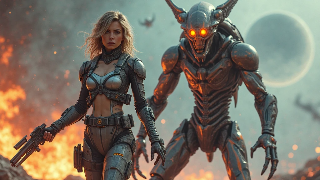 1 female alien, The predator, (extremely beautiful:1.2), (intense gaze:1.4), (predator:1.1), long dark claws, (NSFW:1), nipples, thick eyebrows, (She has shining red eyes:1.2), the most beautiful face in the universe, platinum blonde, symmetrical beautiful eyes, hyper detailed eyes, (beautiful nipples:1.5),(beautiful abs:1.5), (she&#39;s on a battlefield on another planet:1.5), (NSFW:1.5),muscular and toned body. (beautiful nipples:1.5),(beautiful abs:1.5), (She is at the battlefield of another planet:1.5), (NSFW:1.5), (motion blur, depth of field:1.5), Motion of tearing the enemy apart with claws,

A woman predator with an extremely beautiful face, her intense gaze fixed on her prey, a primal force that could not be denied.

(beautiful lean body:1.5), (muscular build:1.2), (prowling:1.3), (sleek movements:1.4)

Her beautiful body, muscular and toned, moved with sleek grace as she prowled, ready to strike at a moment's notice. The predator within her was always on,                                                                          
                                                                                                                                                               
 cinematic drawing of characters, ultra high quality model, cinematic quality, detail up, (Intricate details:1.2), High resolution, High Definition, drawing faithfully, Official art, Unity 8K wall , 8K Portrait, Best Quality, Very High resolution, ultra detailed artistic photography,