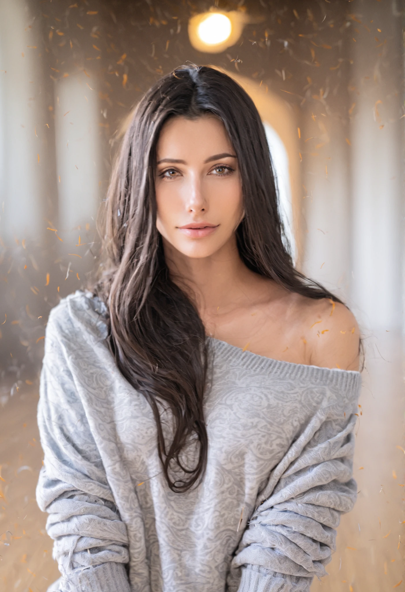 Feather , dark haired,long hair, 1 Girl, alone, Face,
grey sweater, looks at the viewer,Jorfogel