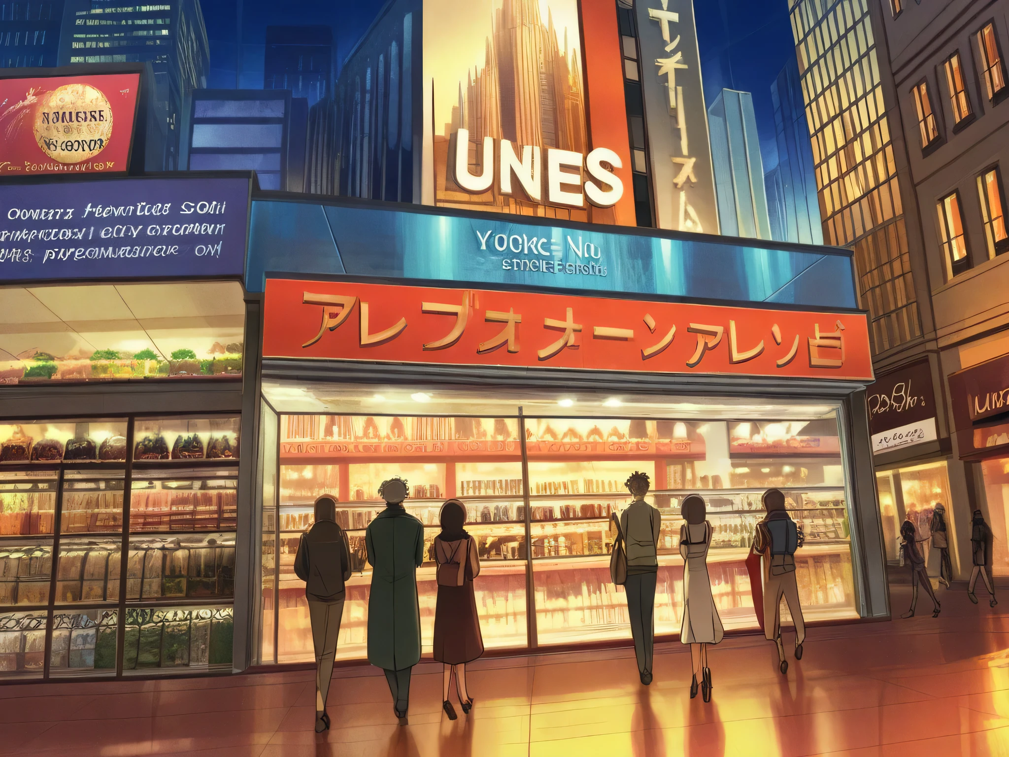 New York street with several stores, cafeterias, shopping, movimentada, luzes, buildings, por do sol. Anime and gacha style