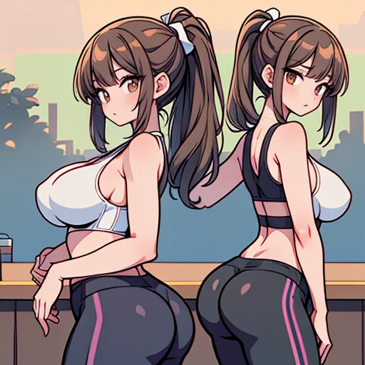 thick and curvy, brown skin, long curly brown hair with bangs, brown eyes, coquette style with pink.