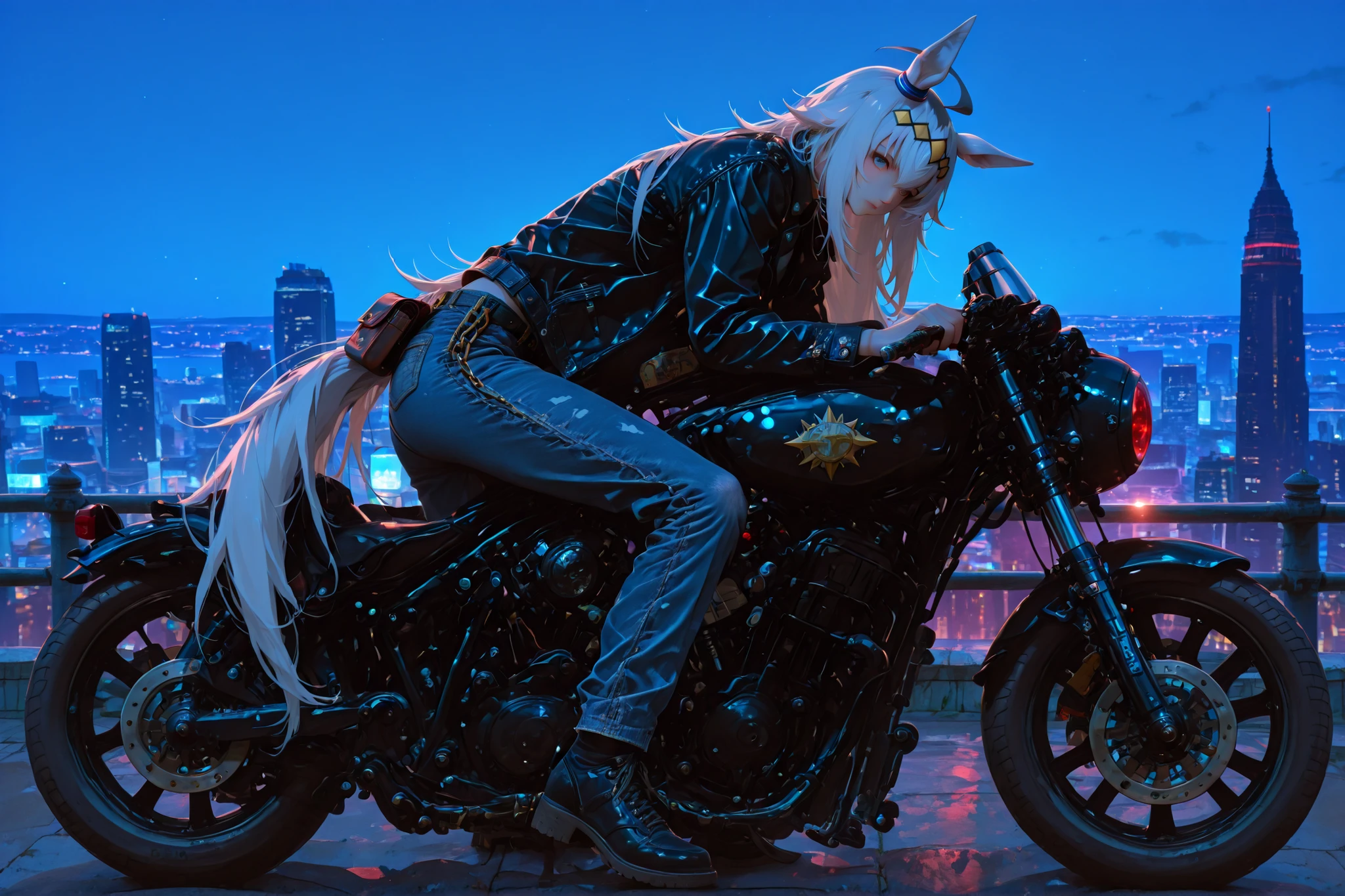 傑作、oguri cap(uma musume), yabuki, Short stature, 高品質、8K, indian motorcycle, Scout Bobber, Leather jacket, denim pants, wallet chain, ride motorcycle, night city background