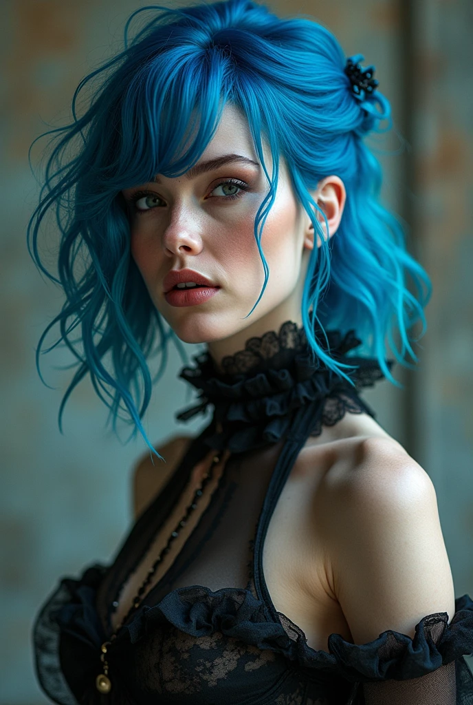 Full lenght, blue hair, narrow face, grey eyes, girl, 18 years old, slim figure, almond-shaped eyes, button nose, full lips, european appearance, ultra highly intricate detailed, black eyeliner, over knee stockings, looking at the camera, professional photography, ultra sharp focus, very beautiful, naked