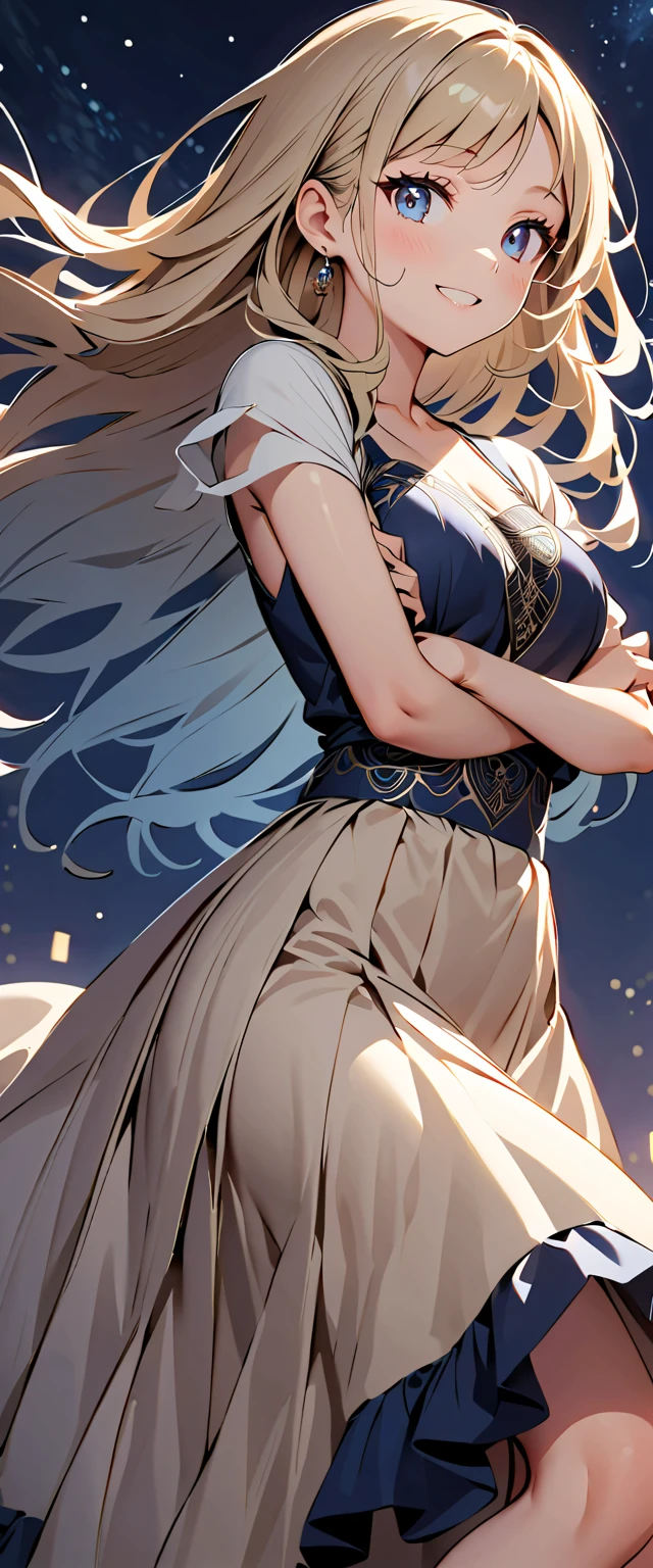 Highest quality, High resolution,Very detailed,Portraiture, Intricate white long dress, ((Modest clothing)), Are standing,Flower Field,Silver long hair,Hair Bun,smileの女性,Close up on abs, ((Medium Breast)), Beautiful attention to detail,Beautiful lip detail,flower petals in the air,Exposing shoulders,Vibrant colors,Studio Lighting,Soft sunlight, smile, ((Crack:0.6)), Half Body