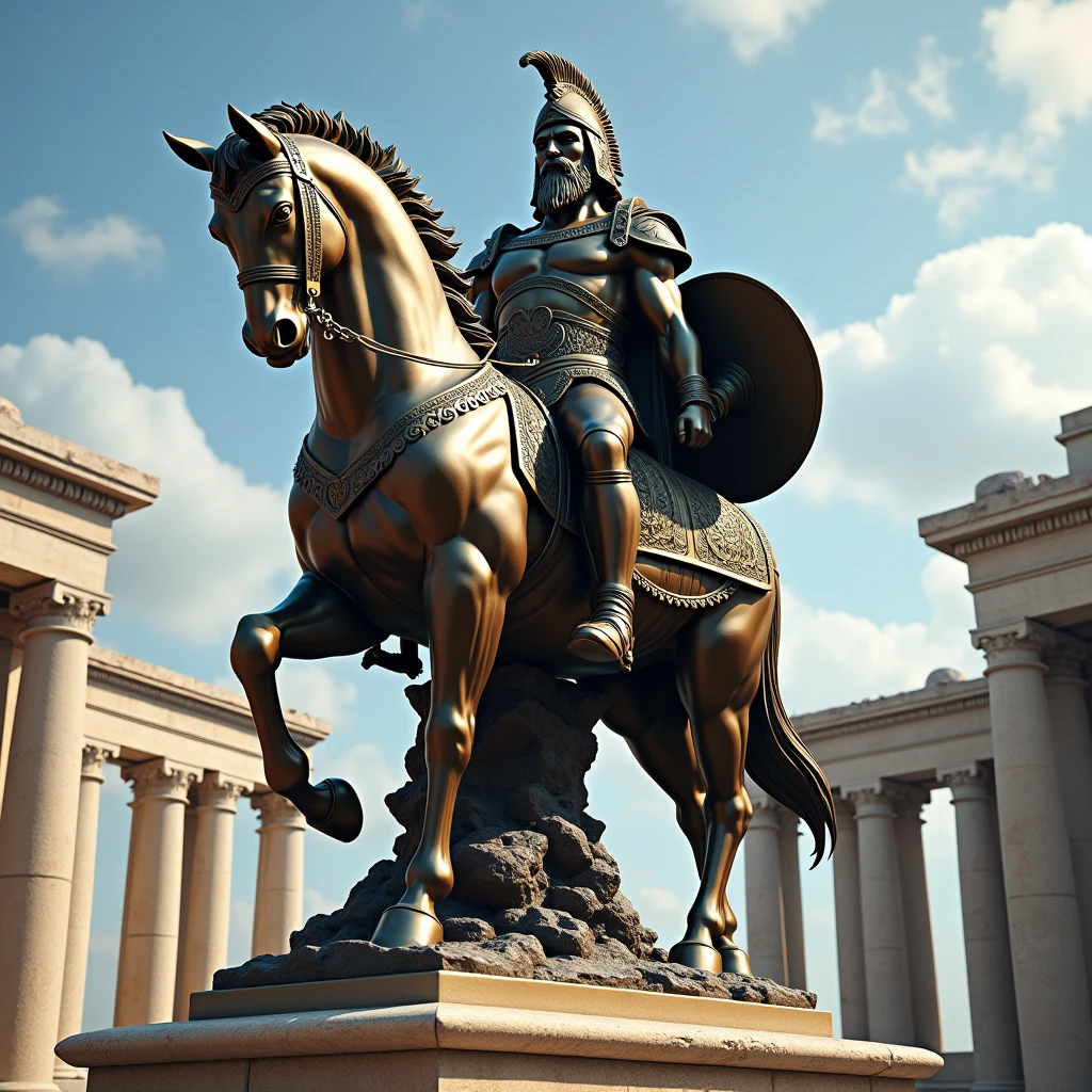8k image, super realistic, Big Muscle Colossus of Rhodes, with gladiator armour, at the entrance to the sunset of Santos in the country Brazil, with seagulls flying in the background, boats passing between the legs of the Colossus of Rhodes. Sunny day.