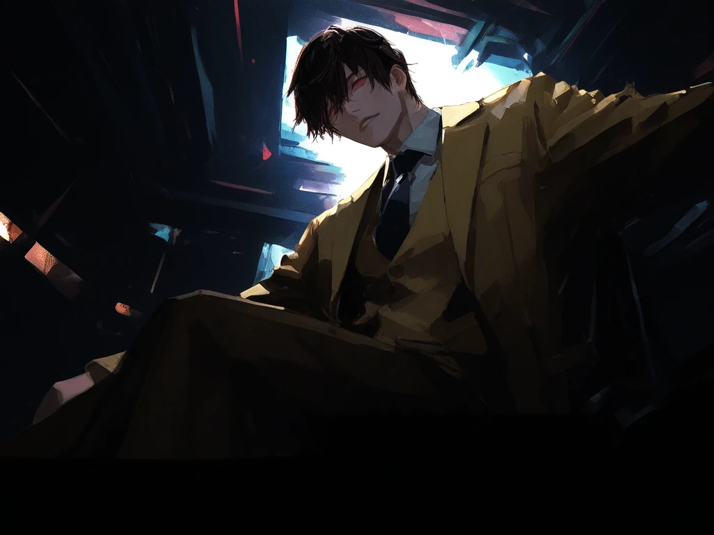 Highest quality, movie quality, scene on the verge of death, ruins, smoking, blood, coat, man (35 years old, tsuntsun head, black hair, coat in a suit, holding a gun in hand, lying on back), rain, fog