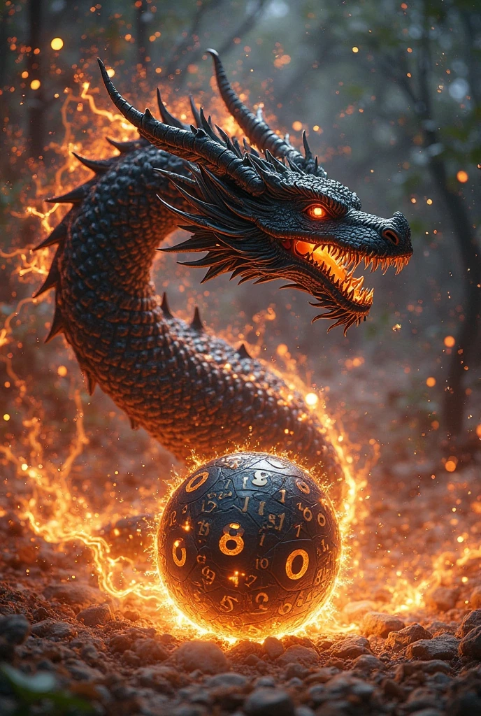 a 20-sided die with a dragon&#39;s face on the side. Colors used, rot, black and gold with a dark background reminiscent of a cave