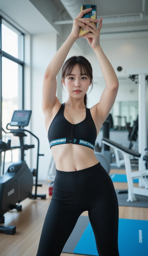 beautiful young brunette fitness, wearing tight black leggings ((big-ass)),corpo sexy, sensuous, ((bountiful breasts)) in a gym, sexy solo tomboy beautiful smile.