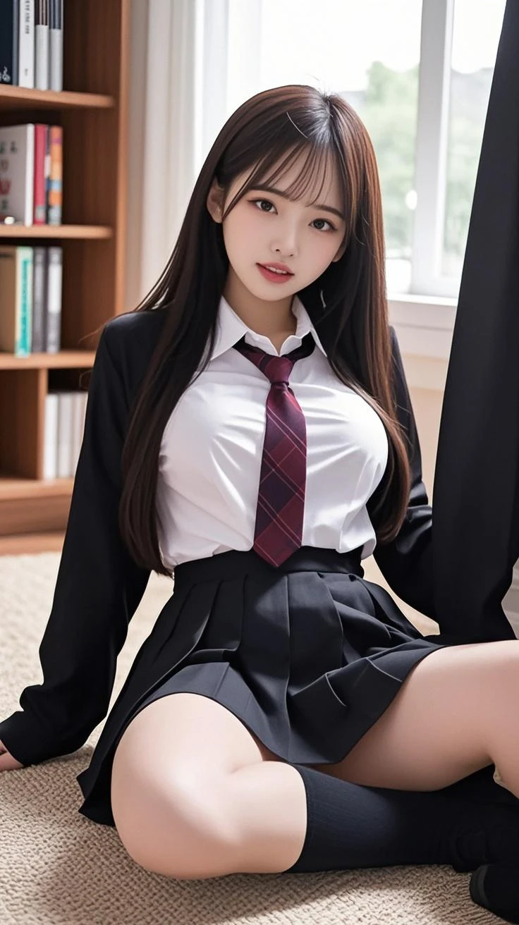 Misha Nining photo, 1 girl in, an extremely beautiful , (kawaii:1.2),Thin smile, (Brown eyes),(brown haired),(bangss),perfect glossy skin,flawless skin,((erotick,Sexy and sexually explicit)),((accurate hands without incongruity)), large full breasts,big breasts thin waist, Look at viewers,((校服)),((Short sleeve uniform white shirt)),(black necktie),(Red Mini Pleated Skirt),(up skirt),(Showing panties),panties on,panties focus,((Sit up,spread legswide)), sox, (Black knee socks),(Loafer shoes), during daytime,Detailed face, Office, buildings from window, Detailed background, diffuse sunlight, depth of fields, Bokeh, by lee jeffries, Nikon D850, film stock photograph ,4 Kodak Portra 400 ,Camera F1.6 lens ,Rich colors ,Hyper realistic ,Lifelike texture, Dramatic Lighting , cinestill 800
