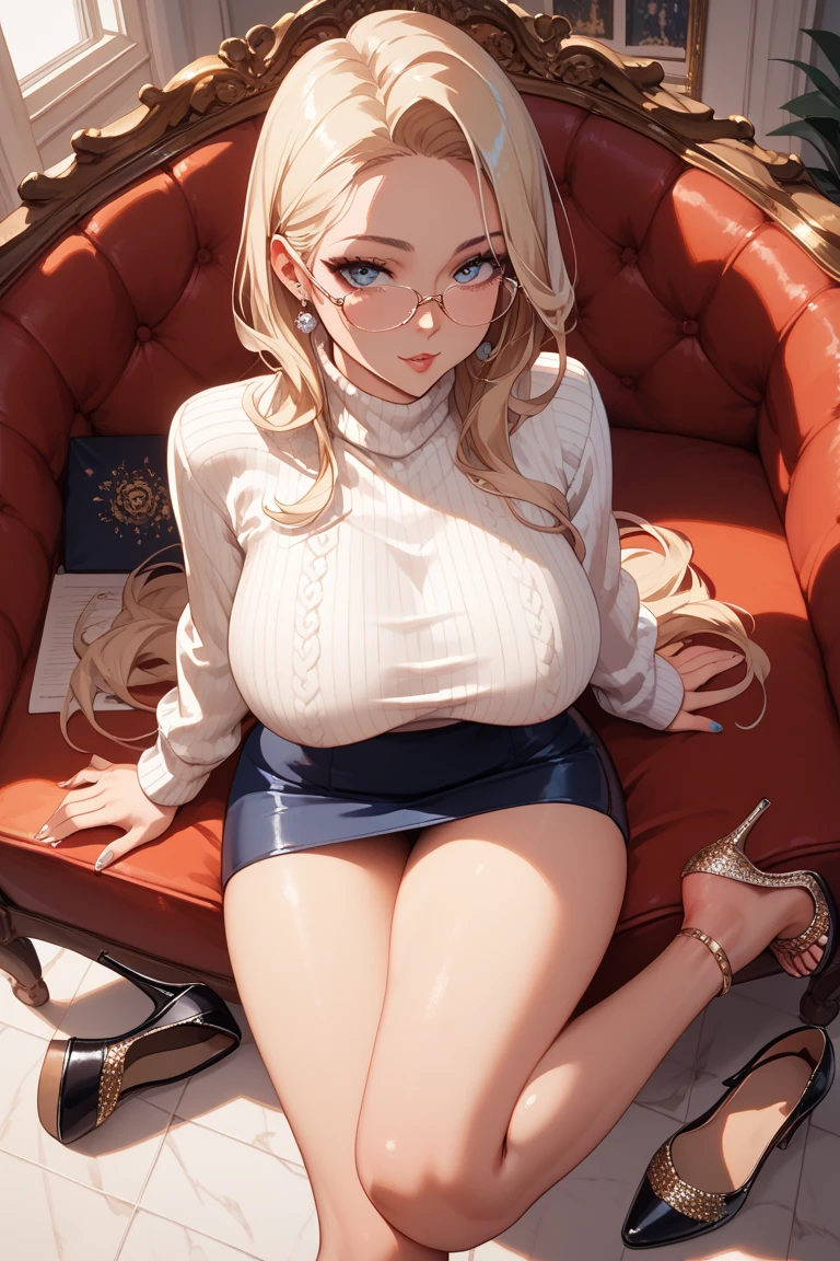 huge tit, Simple background, skin tight, cuteexpression ,Masterpiece,(Best quality,(Shiny skin),realisticlying,kneeling down,legs separated,spreads her legs apart,Silver glasses,busty figure,Place your hands next to your face,near,Smile Expression,White transparent lace bikini,areola of breast,Exposure to sexual organs,The lower body is heavily exposed,The upper body is severely exposed,short transparent dress