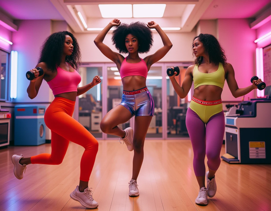 (Best quality, Ultra-detailed: 1.1), Film grain effect: 0.8, Cinematic portrait of a woman trio, all having dark melanin skin and neon colorful outfits. The first woman has wide rhombus trapezoidal hips and an immensely massive booty, wearing sweater leggings that highlight her curves. The second woman wears a vibrant neon pink dress that accentuates her slim waist and curves. The third woman dons a neon green jacket and jeans, her hair styled in afro curls that frame her face. They stand in a dimly lit room with soft lighting that illuminates their beautiful features