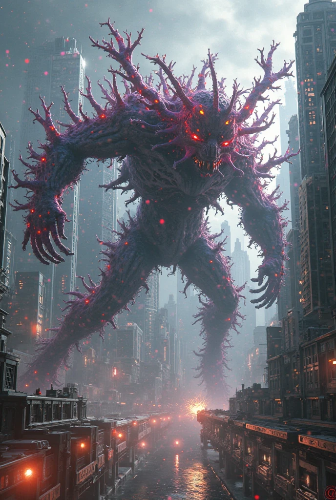 (Best quality, 4K, 8K, A high resolution, Masterpiece:1.2), Ultra-detailed, (Realistic, Photorealistic, photo-realistic:1.37)，A giant monster breaks through the clouds，ultra-realistic realism，Epic dreams，Beautiful sci-fi art,science fiction digital art,futuristic urban background，Beautiful sci-fi art, Science-fi digital art illustration, Digital cyberpunk art, science fiction digital painting, futuristic digital painting, futuristic concept art, in front of a sci fi cityscape, science fiction digital art, Advanced digital cyberpunk art, Fantastic cyberpunk monsters