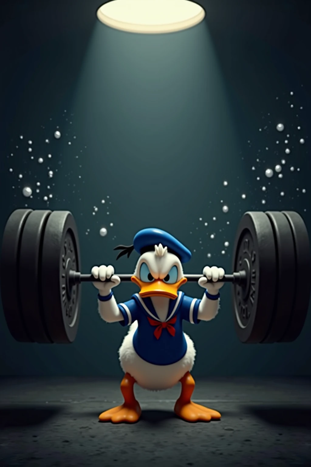 Donald Duck dans son uniforme de marin, essai de soulever un haltère avec des poids de chaque coté ou il est écris 300 kilos. Il force et il a des jets de transpirations autour de lui .  atmosphère sombre et la lumière vient du dessus