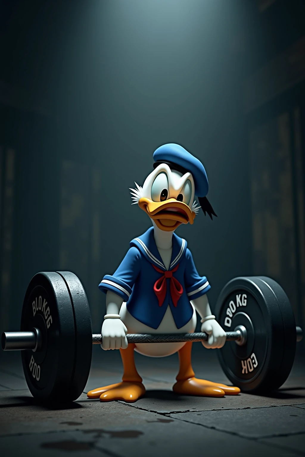 Donald Duck dans son uniforme de marin, essai de soulever un haltère avec des poids de chaque coté ou il est écris 300 kilos. Il force et il a des jets de transpirations autour de lui .  atmosphère sombre et la lumière vient du dessus