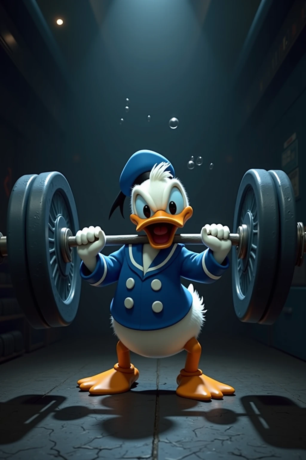 Donald Duck dans son uniforme de marin, essai de soulever un haltère avec des poids de chaque coté ou il est écris 300 kilos. Il force et il a des jets de transpirations autour de lui .  atmosphère sombre et la lumière vient du dessus
