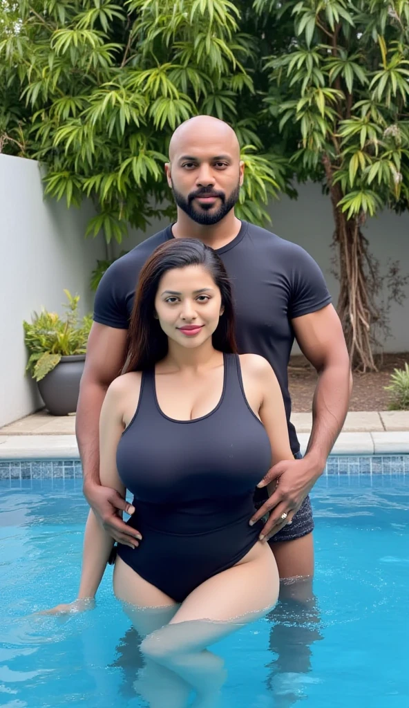 busty woman with huge breasts wearing grey saree in a boat standing and posing for a picture with a indian boy male wearing dirty shirt hugging her