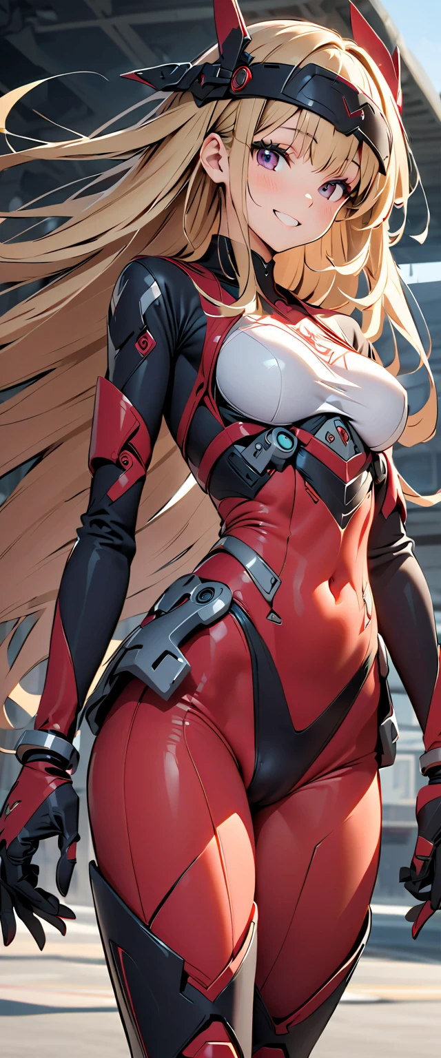 female steve rogers, detailed face, long platinum blond braided hair, wet red black tight shiny captain america suit, full body, ((visible cameltoe)), shy face, 1girl, solo, thick body, ((big breast)), red lipstick, sexy pose, visible cleavage, captain America crest, small red headband, black eyeliners, black eyelids