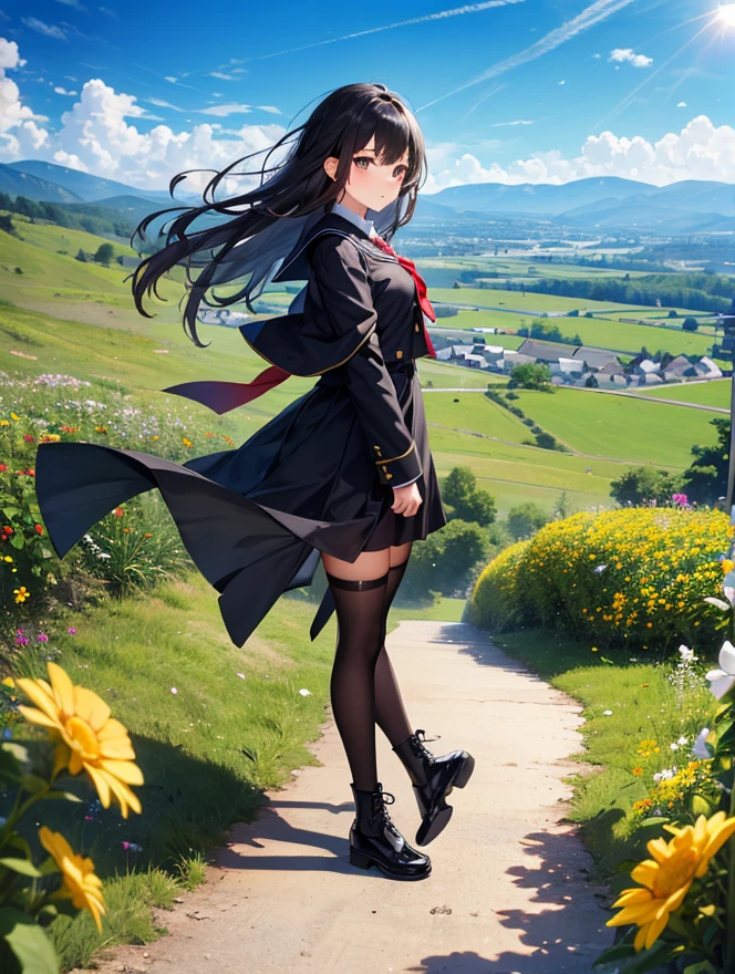 very cute and beautiful girl,(highly detailed beautiful face),
(smile),serafuku,navy blue pleated mini skirt,
(looking back,from behind),leaning forward,from below,(white panties),
countryside,wooden fence,hilltop,grassland,detailed landscape,
black hair,looking at viewer,
(best quality,masterpiece:1.0),absurdres,highres,ultra-detailed,extremely detailed,32k,8k resolution,
intricate details,cinematic scene,detailed background,solo,dynamic angle,
hair fluttering in the wind,beautiful detailed sky,