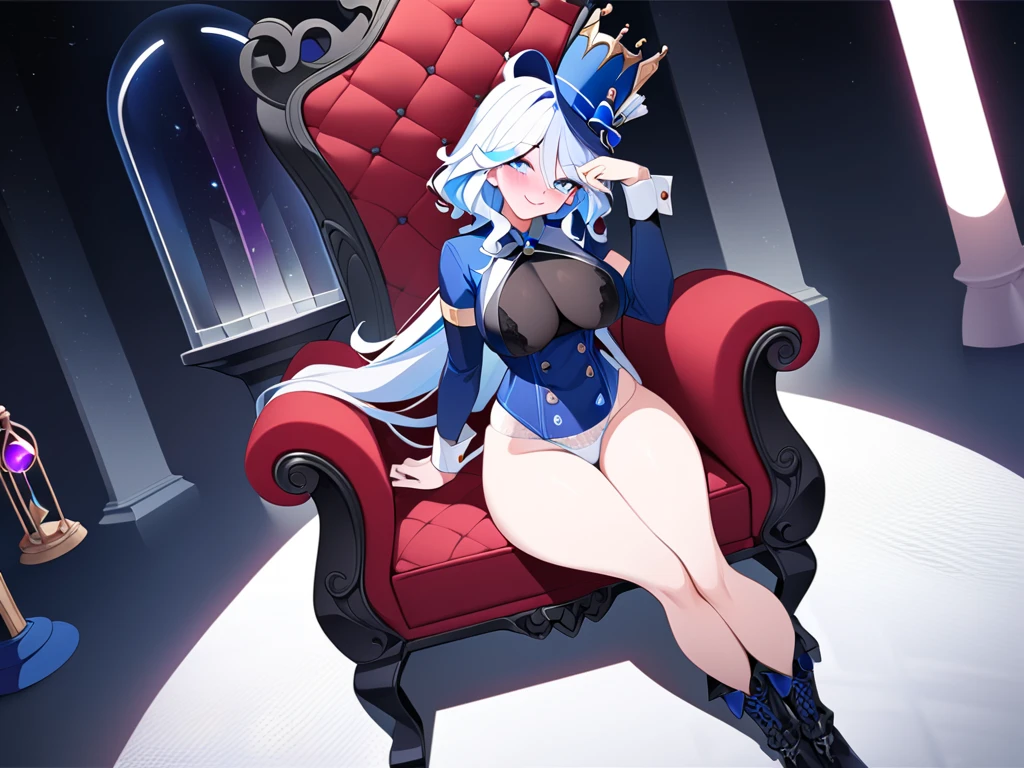 araffe dressed in blue sitting on a chair with a glass of wine, hyperrealistic full figure, thicc, curvaceous. detailed, divine render, blue corset, giant stunning goddess shot, bright blue shiny lingerie, blonde goddess, super detailed and realistic, ( highly detailed figure ), granblue fantasy, small curvy loli, very detailed and high quality