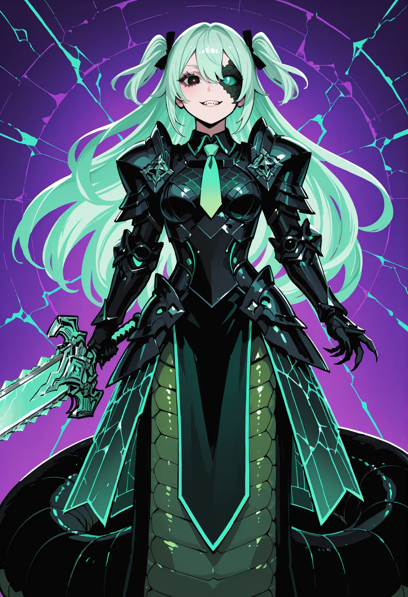 Lamia style girl. Centipede body. Black snake. Green scale pattern. Armor knight. Bright hair. Tie hair. Asymmetric eyes. Snake eyes. Snake skin face. Black armor. Purple decoration. Holographic crack costume. Sharp claws. Holding weapon. Chainsaw sword.