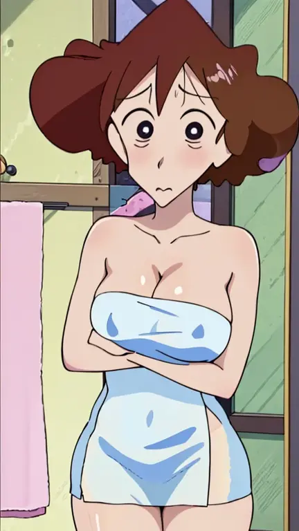 Misae Nohara,(Mature Woman:1.8),(absurderes, 8K, 4K, masutepiece, hyper extreme detailed:1.2), Best Quality, Perfect Anatomy,Perfect face,Facing forward, on bed, naked, topless, cleavage, erotic, seduced, shirtspread, nipples, nsfw