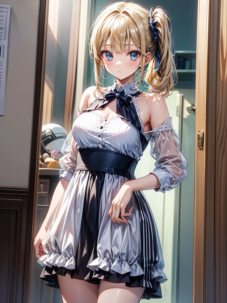 masterpiece, absurdres, best quality, ultra detailed, high Resolution, detailed illustration, extremely beautiful detailed face and eyes, bright colour, 1girl, (loli), cute face, Delicate beautiful face, magenta eyes, cute eyes, sparkling eyes, big eyes, medium breasts, (perky breasts:1.1), (pointy breasts:1.1), medium hips, glamorous body, white skin, Smile, BREAK, long bob cut, (blonde hair:0.8), messy hair, detailed hair, shiny hair, BREAK casual dress, tiny ribbon, buffet party, fine dining restaurant, Night, real world, natural lights, perfect lighting,