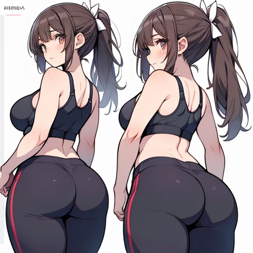 From behind,pink Crop top, twintails ,(white tight shorts) ,soaked in sweat,sweaty, heavy breathing,red face,blunt hair,curvy body, standing, string thong bikini,whale tail ,thong, looking back at viewer, brown eyes
