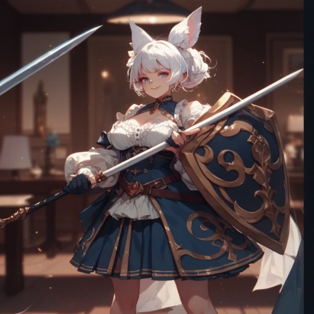 (highres, best quality), far from frame, depth of field, Adult female, (detailed, highly detailed), soft lighting, (color_contrast), short white hair, one side shaved, undercut hair style, brown eyes, rabbit ears, rabbit tail, fitted armor, full body armor, medium breasts, brandishing a sword: longsword, silver steel on cross guard, ornament pummel, holding hilt of the sword, (detailed hands), (detailed weapon), on a battlefield, looking fierce, looking determined, detailed eyes, cute, toned body, legs covered, muscular arms, surrounded by a malicious aura