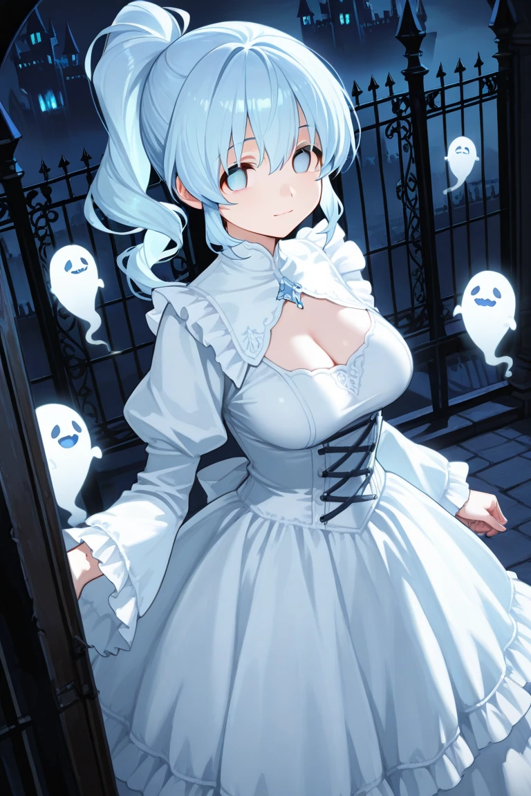 ghost costume, 1girl, large breasts,sleeves past wrists, bare_legs,cowboy shot, no_bar,no_panties