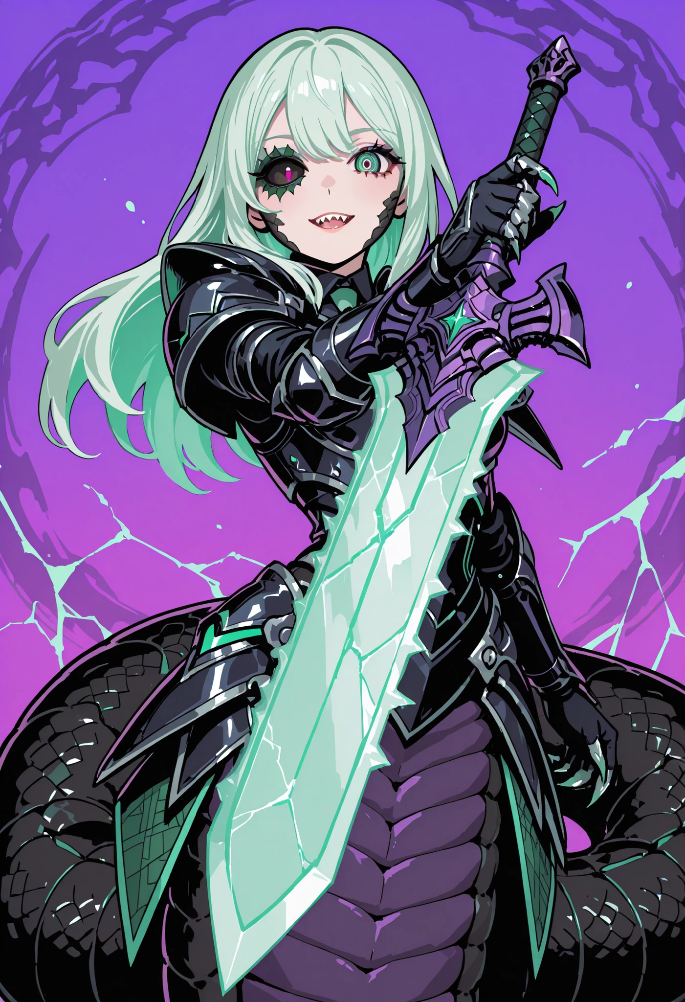 Lamia style girl. Centipede body. Black snake. Green scale pattern. Armor knight. Bright hair. Tie hair. Asymmetric eyes. Snake eyes. Snake skin face. Black armor. Purple decoration. Holographic crack costume. Sharp claws. Holding weapon. Chainsaw sword.