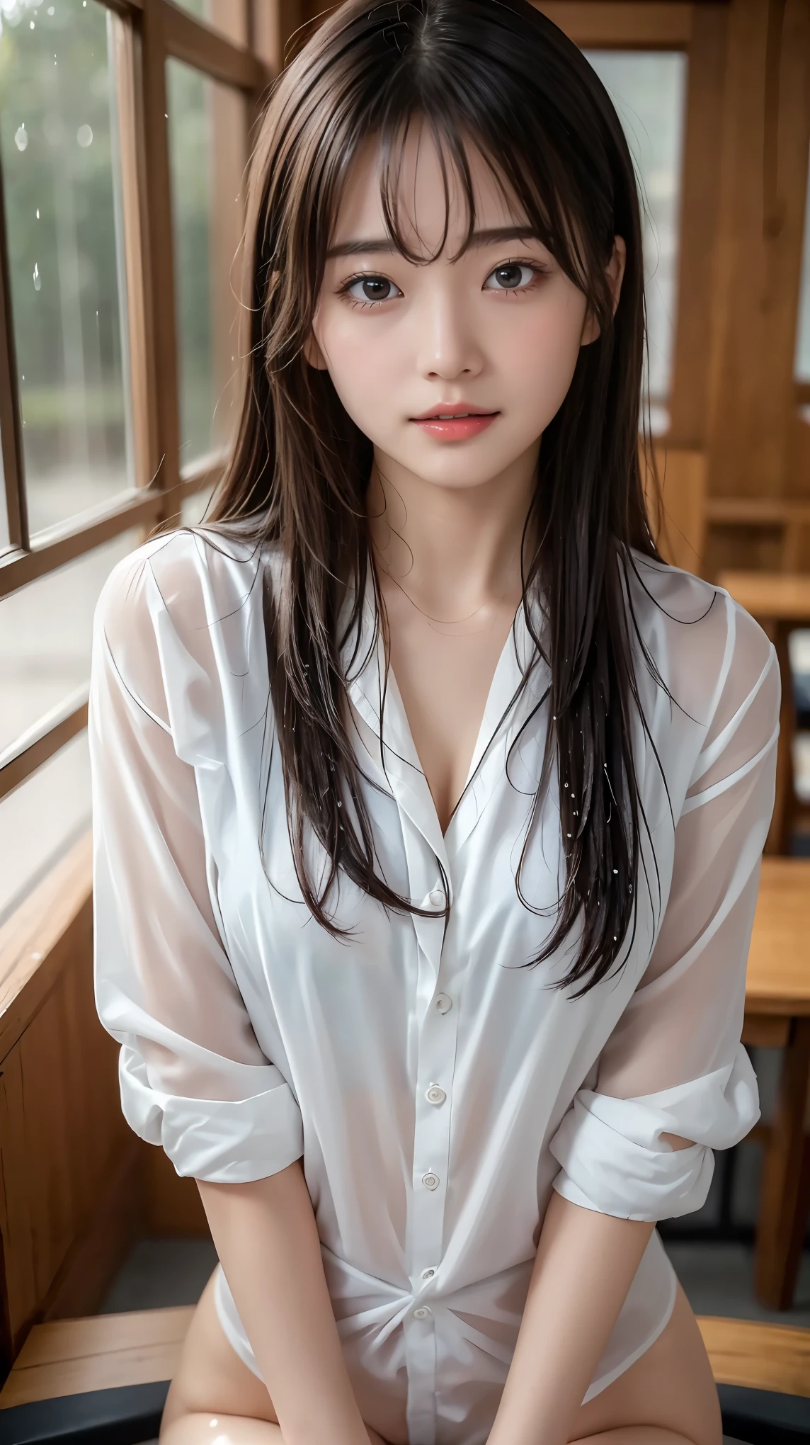 ((masterpiece)), (( Highest Quality )), ( details ), (8k), Highest Quality , ( beautiful), Focus on the whole body , in the classroom , cute woman who got wet in the rain , 1 woman, Sadly, My whole body twitches 、wet hair、shiny hair、wet face、wet skin、wet body、wet costume