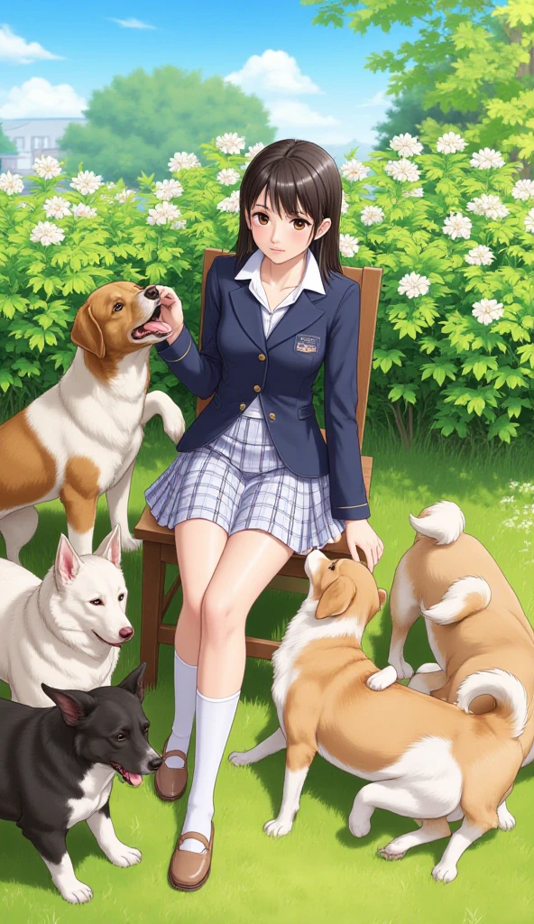 (Anime one, retro art style, Clean brush strokes, very detailed, perfect anatomy, NSFW), (garden, square background), 1 girl (alone:1.5), eyebrows visible through hair, bangs, dark brown hair, blue eyes, downcast eyes (sanpakugan:1.4), half open eyes (detailed and beautiful eyes:1.2), (shy smile), sitting, dark blue blazer, open clothes, Thin red ribbon, White round collar shirt, dark blue mini skirt, dark grey pantyhose, (Petting a puppy's head, White puppy, plump), Looking at the puppy,