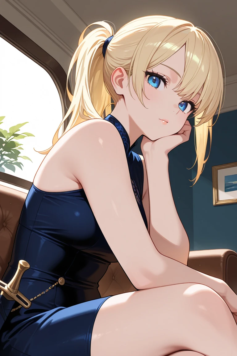 17 years old Women, ((Blonde)), ((Blue eyes)), ((Short hair)), ((Full Body)), black strapless lace dress, black high heeels, Lying on a lounge chair, showing her legs, Illuminated by a small desk lamp, wet floor