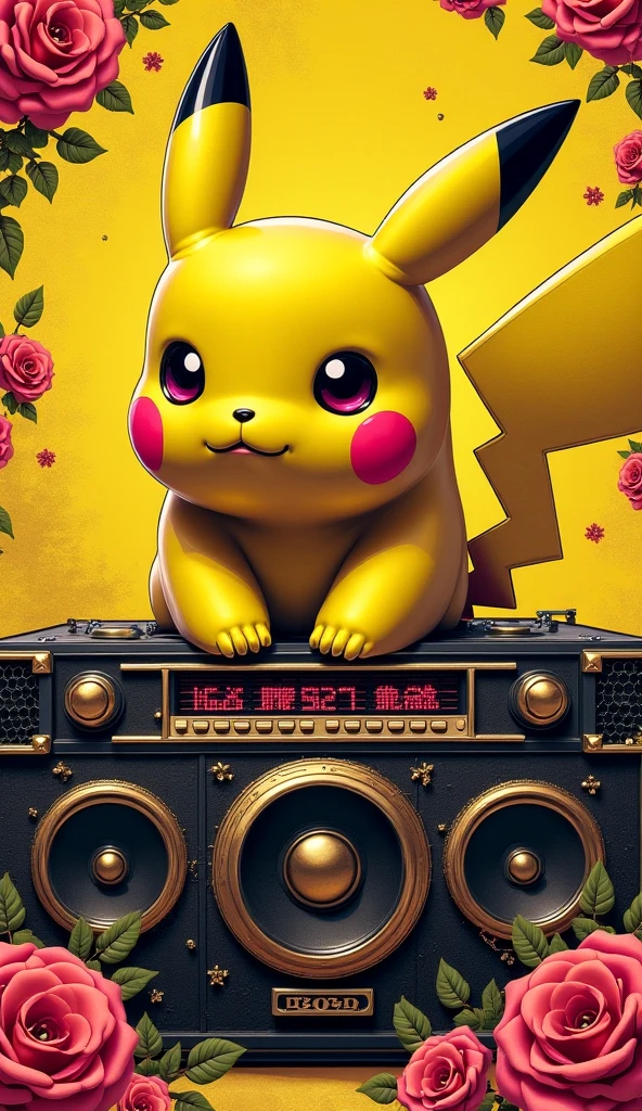 A portrait of a super strong Pikachu with a thoughtful expression surrounded by open space, 1970's poster, psychedelic, Roses Fallin 5 crystalized pink eyeshadow and pink blush. Her portrait is inside a full page ghetto blaster 
Boom Box radio., gold kintsugi cracks, intricate gold webbing, black and red Japanese lacquer background, metallic gold accents, sleek lines, ornate patterns, high contrast, elegant, luxurious with a gothic Pikachu art and dark aesthetic --ar 5:6 --style raw --v 6.1  colors, swirls, abstract, bold yellow background, centered, open space.