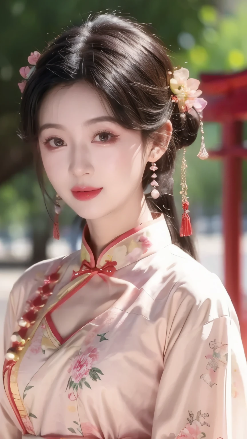 1 beautiful girl,best quality,(painting:1.5),Chest,torii,,depth of field, detailed face ,facial focus,ribbon_trim,(watching the audience:1.25),Smile,Thick lips,Real People,colorful cheongsam